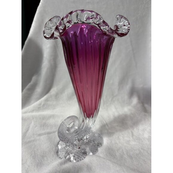 Vintage Handblown Cranberry Glass Cornucopia Vase with Ruffled Edge - Picture 3 of 10